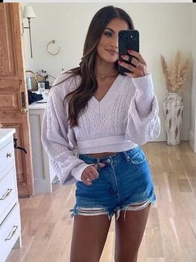 These Three Boutique Lavender Tie Cropped Sweater